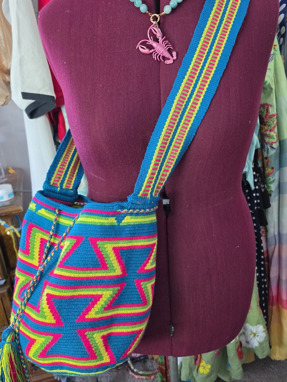 Handwoven Wayuu Crossbody Bag in Teal, Pink & Lime